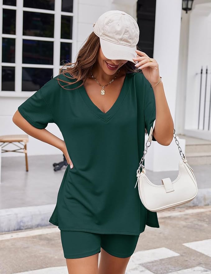 Ekouaer Womens Pajamas 2 Piece Lounge Sets Oversized V Neck T-Shirts Tops Biker Shorts Set Workout Reversible Tracksuit S-XXL