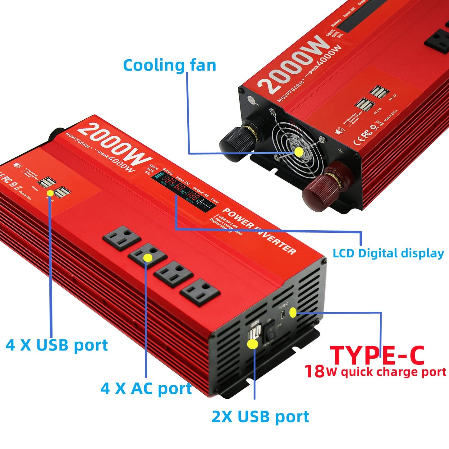 Movffggrm 2000W 12V Power Inverters For Vehicles,Peak 4000 Watt, Car/Truck Dc 12V To 110V 4Ac Converter, 6 Usb 2.4A Ports,With 1
