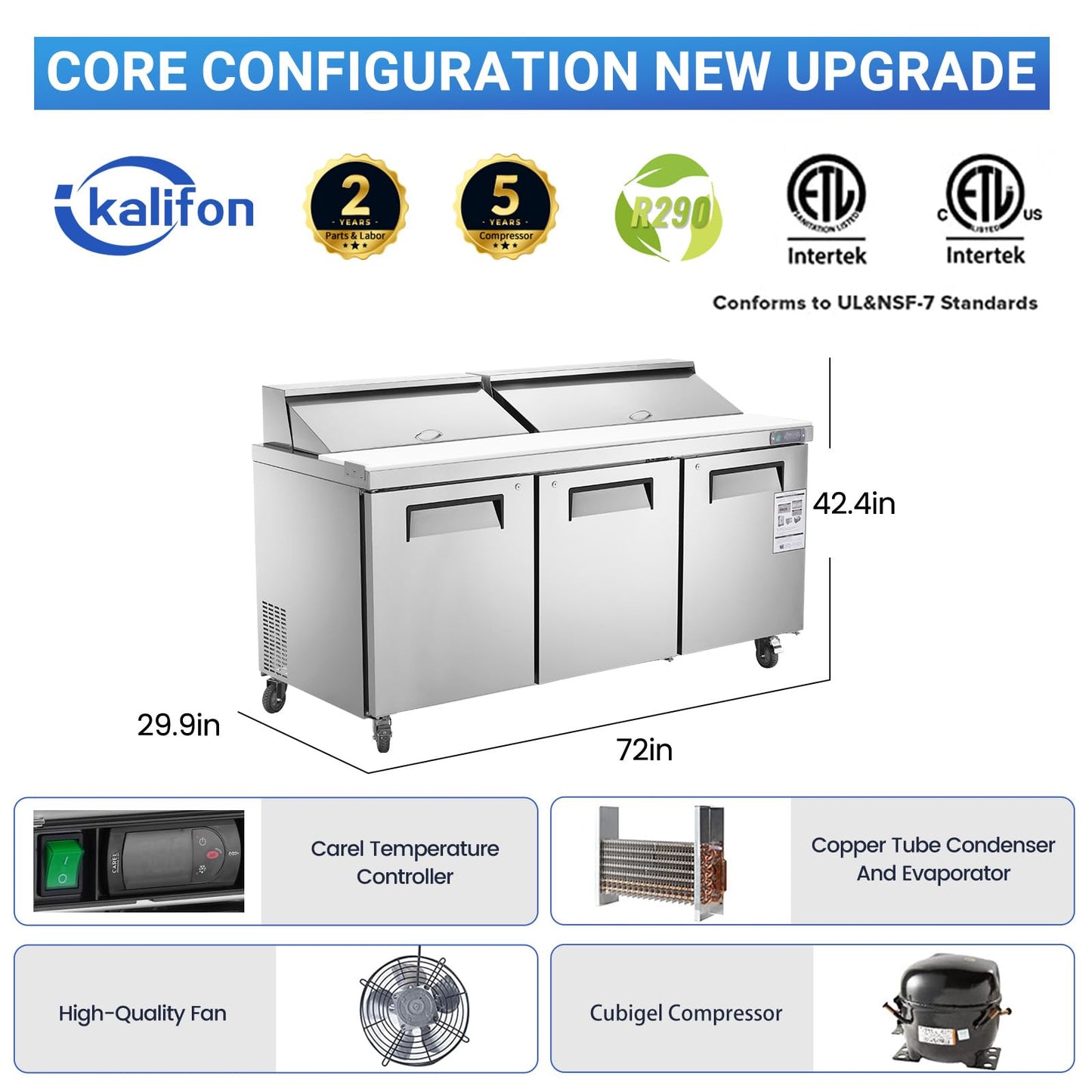 kalifon 72" W 3 Door Refrigerator Sandwich Salad Prep Table Commercial Stainless Steel Fan Cooling Refrigerator with Cutting Board, 3 Shelves & 18 Pans for Restaurant, Bar, Shop-20 Cu.ft