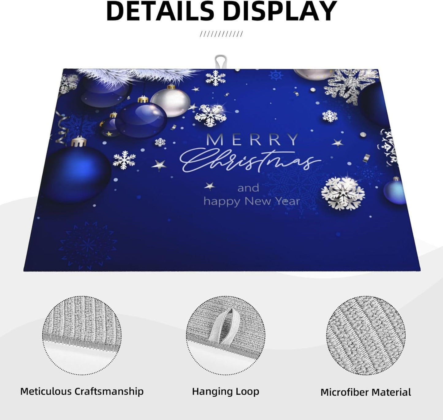 Dish Drying Mat Christmas Blue Ball Fir Branch Snowflake for Kitchen Counter Absorbent 18x24 Inch Microfiber Dishes Plate Glass Dry Draining Pad Reversible Washable
