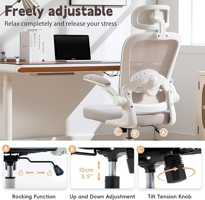 Rishtivin Ergonomic Office Chair with 3D Adjustable Lumbar Support, Mesh High Back, 75° Rotating Headrest, Rocking Function, 300lbs Capacity, Black/White (White)