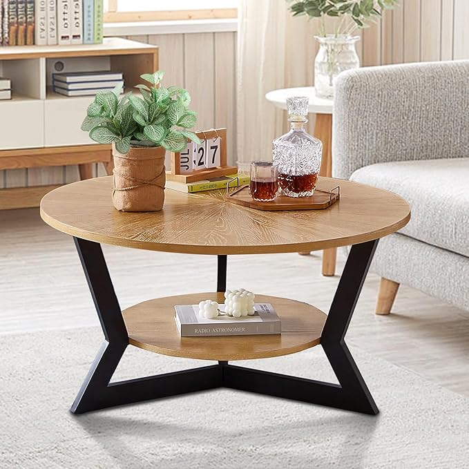 Gravilithic Round Wood Coffee Table for Living Room, 2-Tier Rustic Circle Coffee Table with Storage, 35”x 17” Real Wood Desktop with Metal Frame, Radial Pattern
