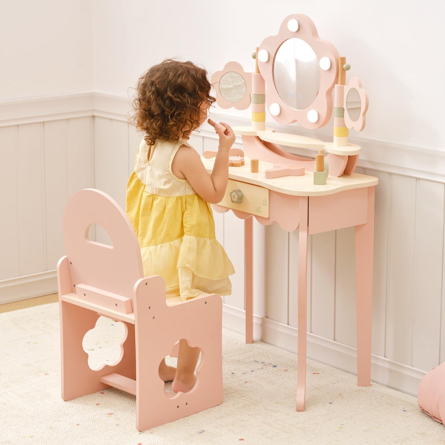 OOOK Kids Vanity Table and Chair Set with Lights, Makeup Vanities with Touch Screen 3 Colors, Pink Girls Vanitys, Enough for Real and Pretend Makeup, Toddler Vanity for 3 Year Old