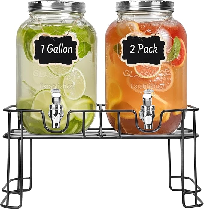DHSBTLS 1 Gallon Glass Drink Dispensers, 2 Pack Clear Beverage Dispenser for Party, BBQ and Picnic, Juice Dispenser with I...