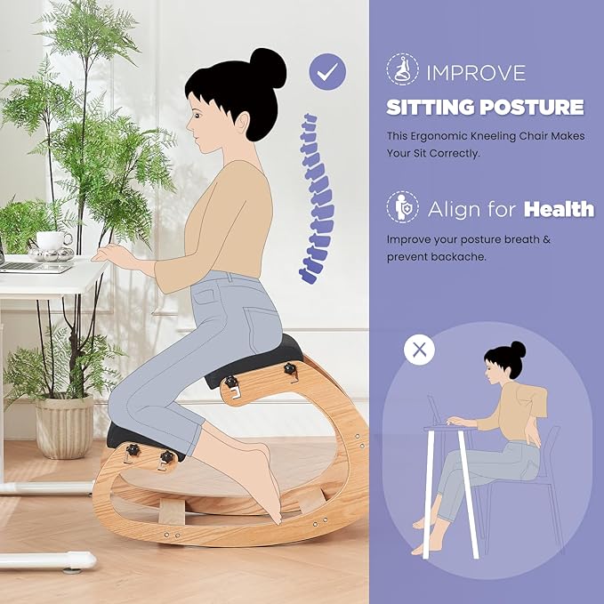 MoomJiee Ergonomic Kneeling Chair,Adjustable Rocking Knee Chair for Home Office,Wooden Office Chair for Back Pain Relief, Black