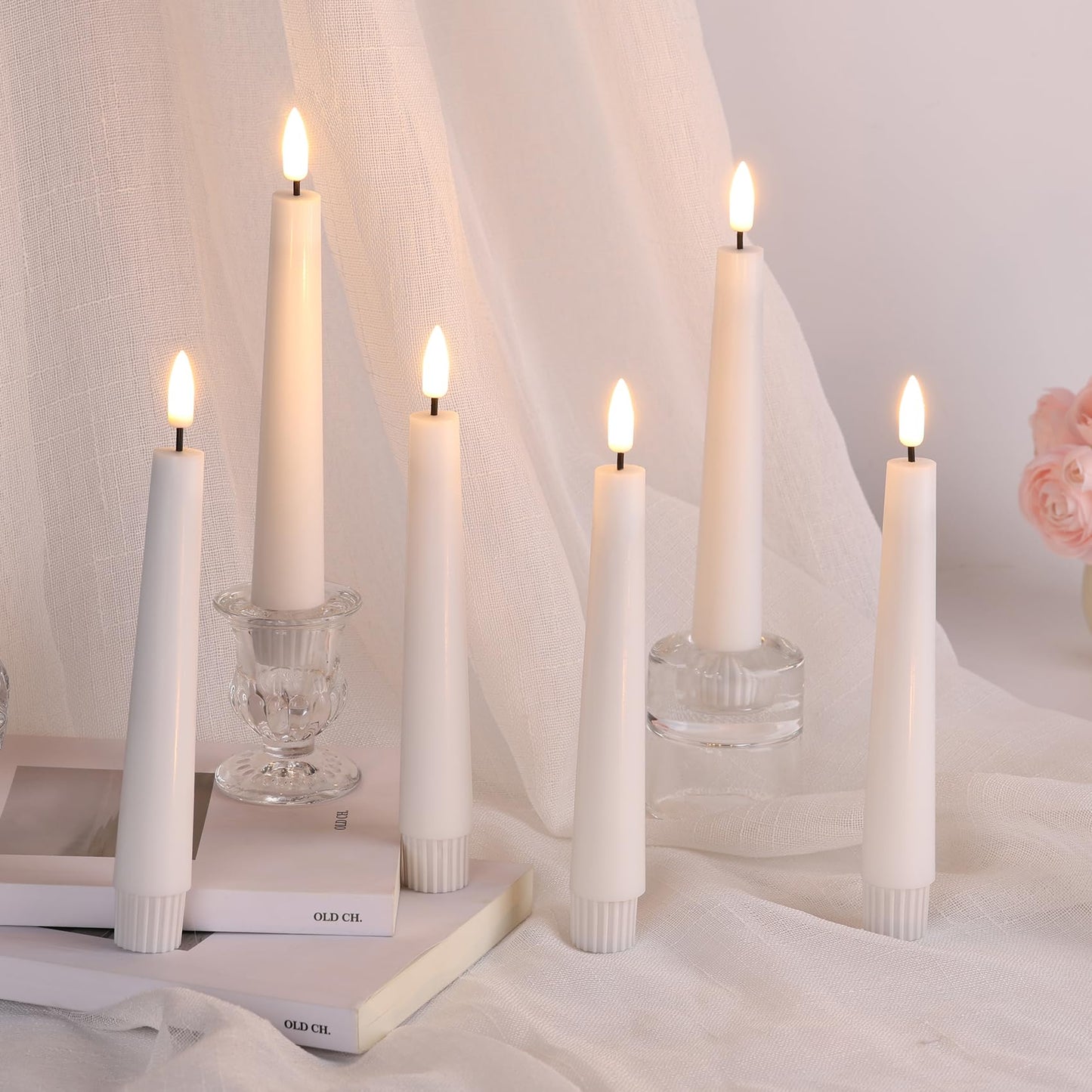 Eywamage Short White Flameless Taper Candles with Remote, Flickering Battery LED Wax Candlesticks Set of 6