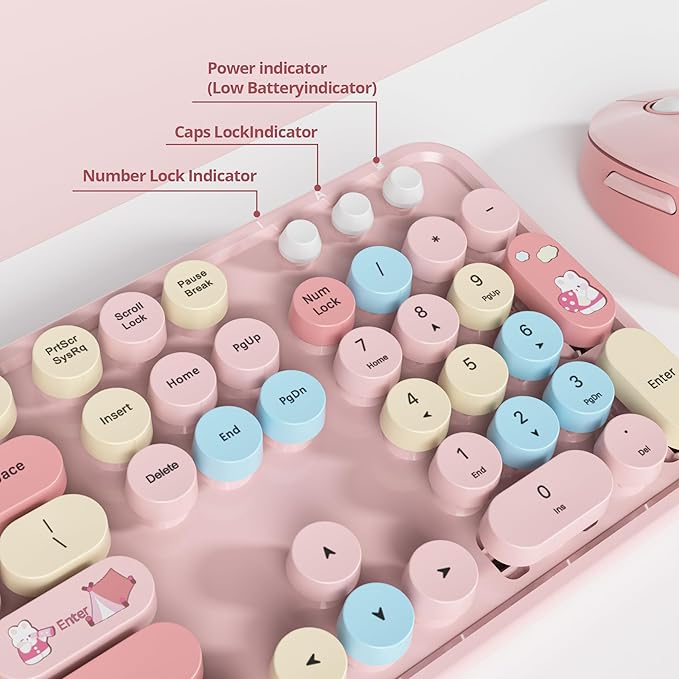 Wireless Keyboard and Mouse Set, Retro Typewriter, 2.4GHz Full Size 104-Key Cute Keyboard with Number Pad, Colorful Keyboard with Round Keycaps for Windows PC Laptop(Strawberry)