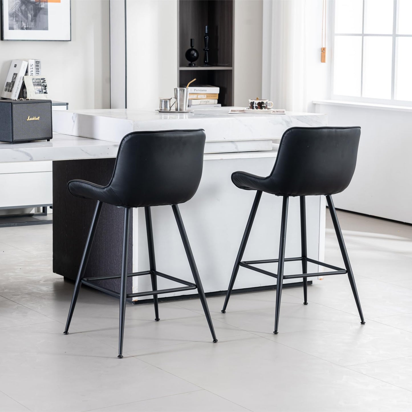 Ofrnseze Black Bar Stools Set of 2, Faux Leather Counter Height Barstools with Back and Footrest, Modern Bar Chairs for Kitchen Island Home Bar, Black