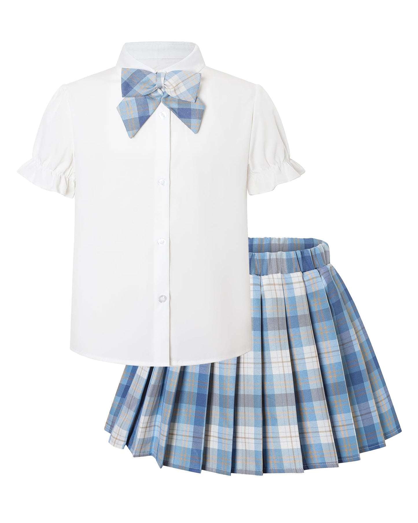Betusline Girls Skirt Set JK School Uniform 2-Piece Outfit - Short Sleeve Shirt with Bow & Pleated Plaid Skirt, Plaid Blue, 11-12 Years = Tag 160