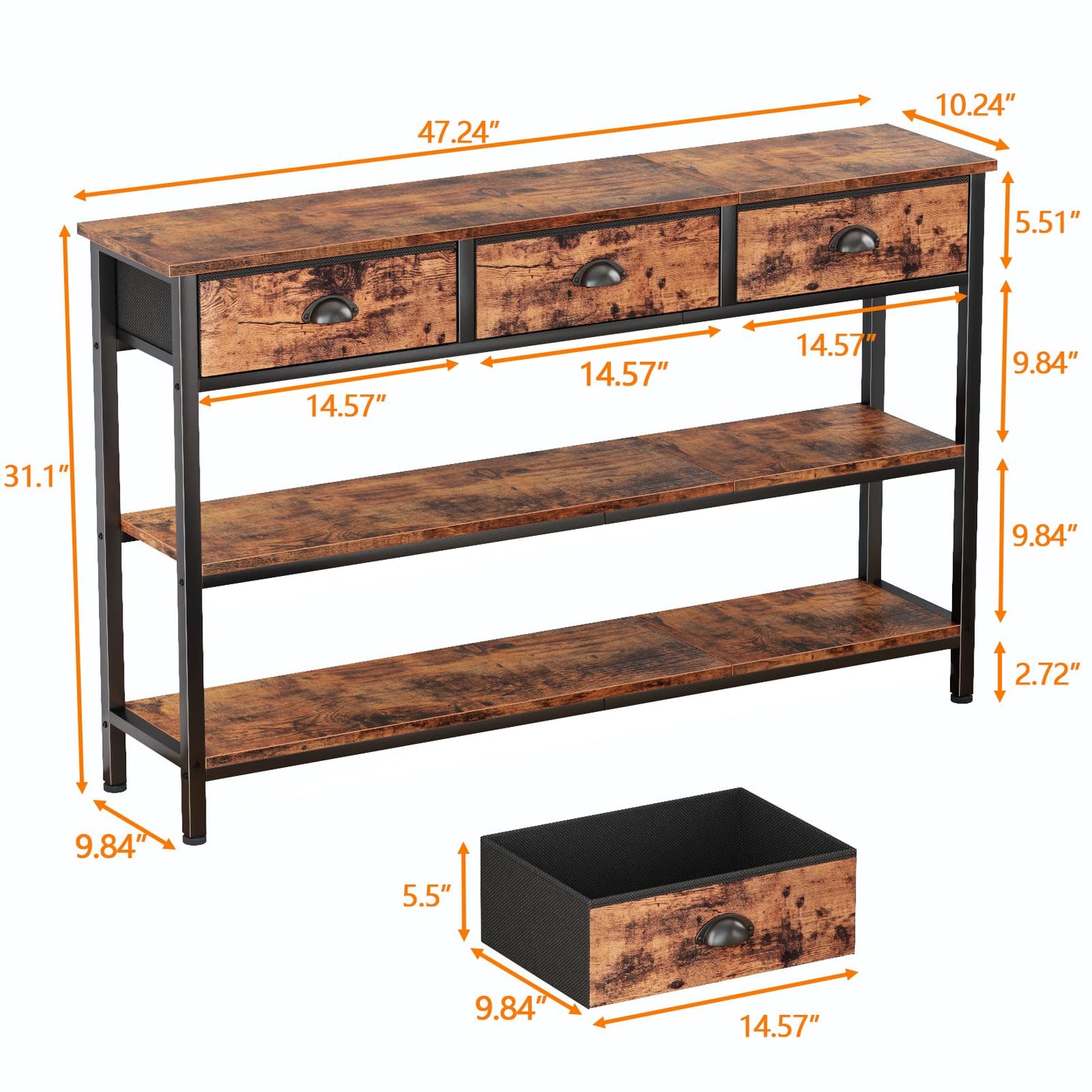 Furologee Long 47" Console Sofa Table with 3 Drawers, Entryway Table with 3-Tier Storage Shelves, Industrial Display Shelf for Entry Way, Hallway, Couch, Living Room, Kitchen, Foyer, Rustic Brown