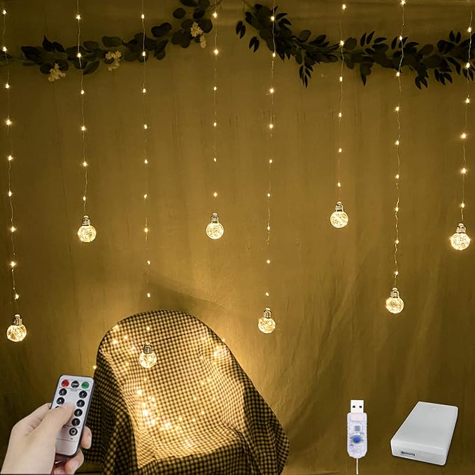 YOLIGHT Wishing Ball Curtain Lights 200 LED Window Curtain String Lights with Remote, USB Battery Powered Twinkle Globe Fa...