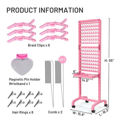Yumkfoi Adjustable 280 Pegs Braiding Rack, Hair Racks with Tray and Braiding Tools, 2-sided Braid Rack for Braiders, Hair Separator with Wheels