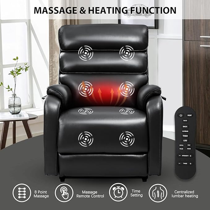 EONIX Dual Motor Lay Flat Power Lift Recliner Chair for Elderly, Faux Leather Electric Lift Chairs for Adults, 400lbs Heavy Duty Power Recliner with Heat Massage Charging Ports, SLRY003, Black
