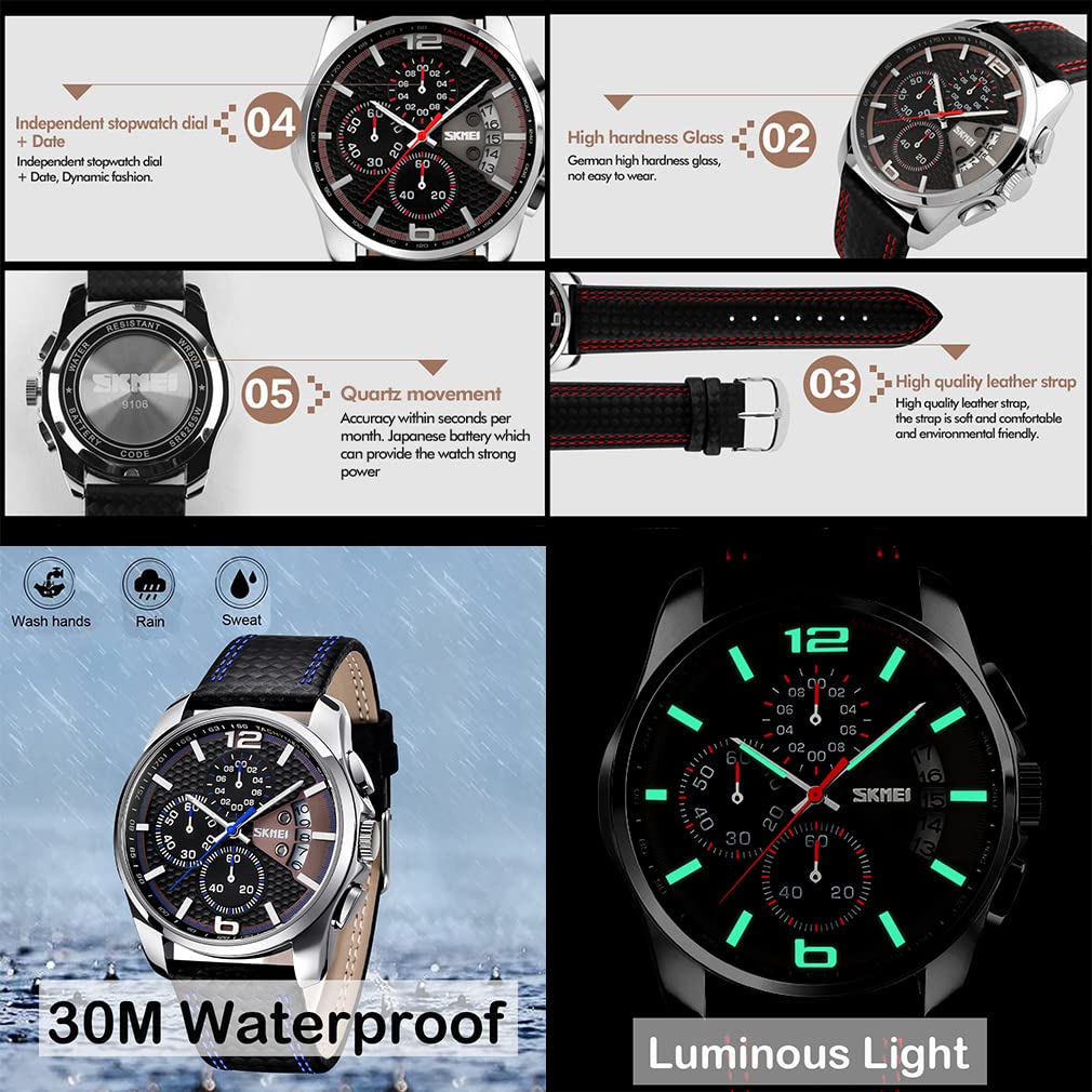 SKMEI Men Watches Black Leather Band Sports Large Big Face Luxury Waterproof Luminous Fashion Dress Casual Analog Quartz Chronograph Father Gifts Wrist Watch