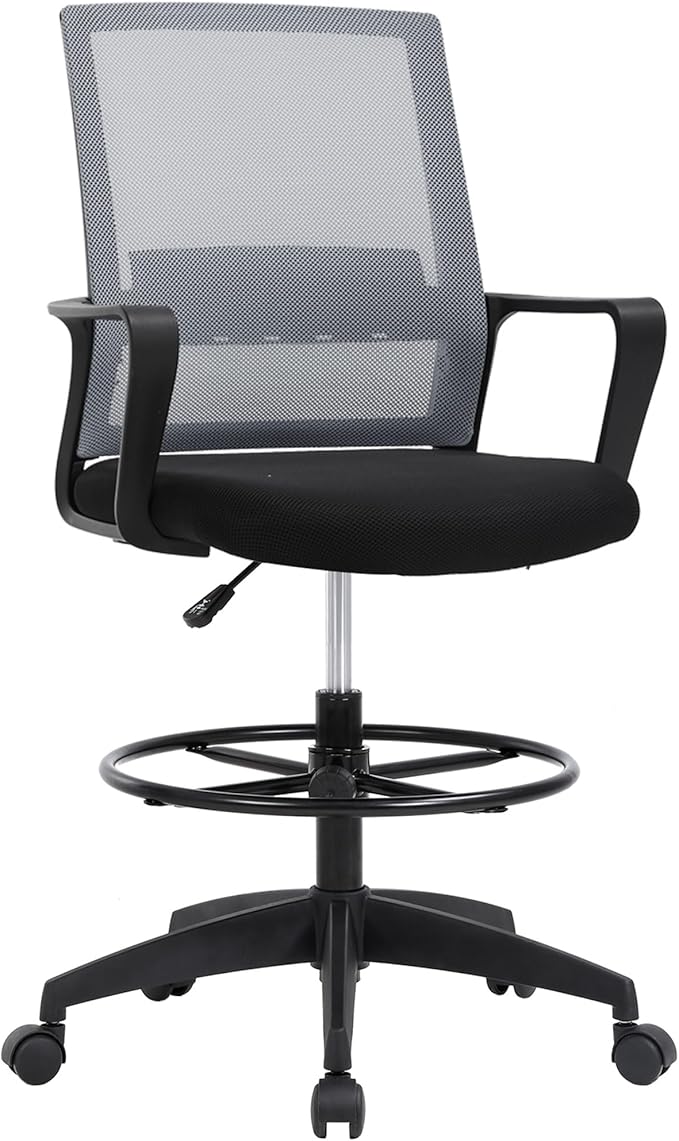 BestOffice Drafting Chair Tall Office Chair Adjustable Swivel Rolling Mesh Height with Lumbar Support Arms Footrest Mid Back for Adults Standing Desk Drafting Stool (Ashy)