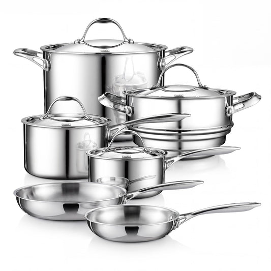 Cooks Standard 10 Piece Tri-ply Stainless Steel Pots and Pans Set, Cookware Set with Lids- Flying Pan, Saucepan, Steamer, Stockpot, Cool Grip Handles, Oven/Dishwasher Safe