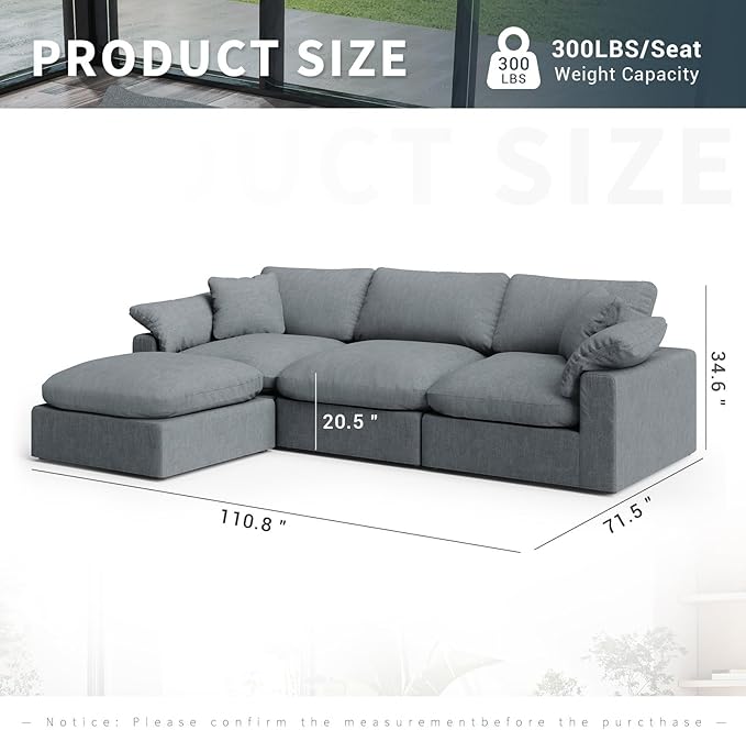 Intuition Decor Modular Sectional Sofa Cloud Couch,Down Filled Comfy Cloud Modern Sofa,L Shape Oversized Couch Cushion Covers Removable for Living Room,Light Blue
