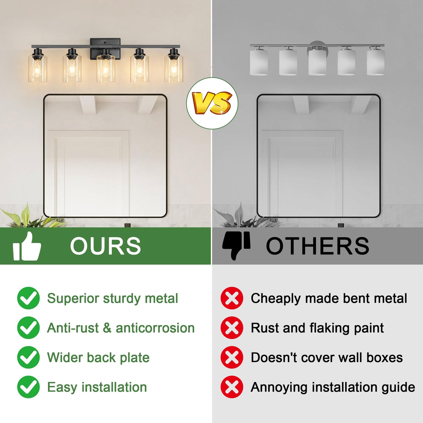 Ascher 5-Light Bathroom Light Fixtures, 33 Inch Vanity Lights with Clear Glass Shade, Modern Black Finish Wall Light for Mirror Bedroom Hallway Cabinet Porch