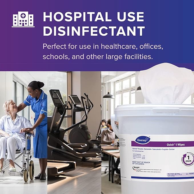 Oxivir Diversey 1 100850924 Disinfectant Cleaning Wipes, Virucidal, Pre-Moistened with Accelerated Hydrogen Peroxide AHP, Unscented, 160 Extra Large 11x12-Inch Wipes, 1-Bucket