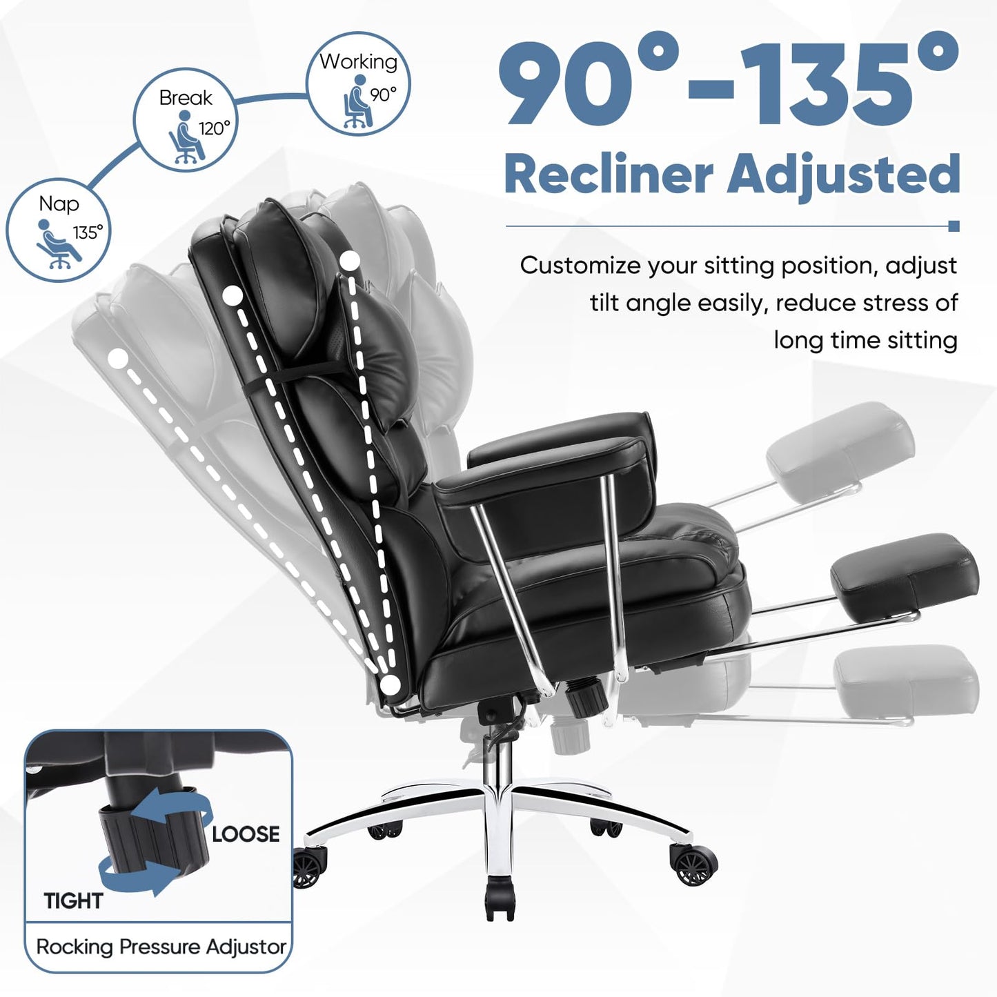 DUMOS Home Office Desk Executive Chair - Ergonomic Big Tall High Back with Footrest & Lumbar Support, Reclining Height Adjustable, Comfy PU Leather Computer Gaming with Swivel Wheels, Black