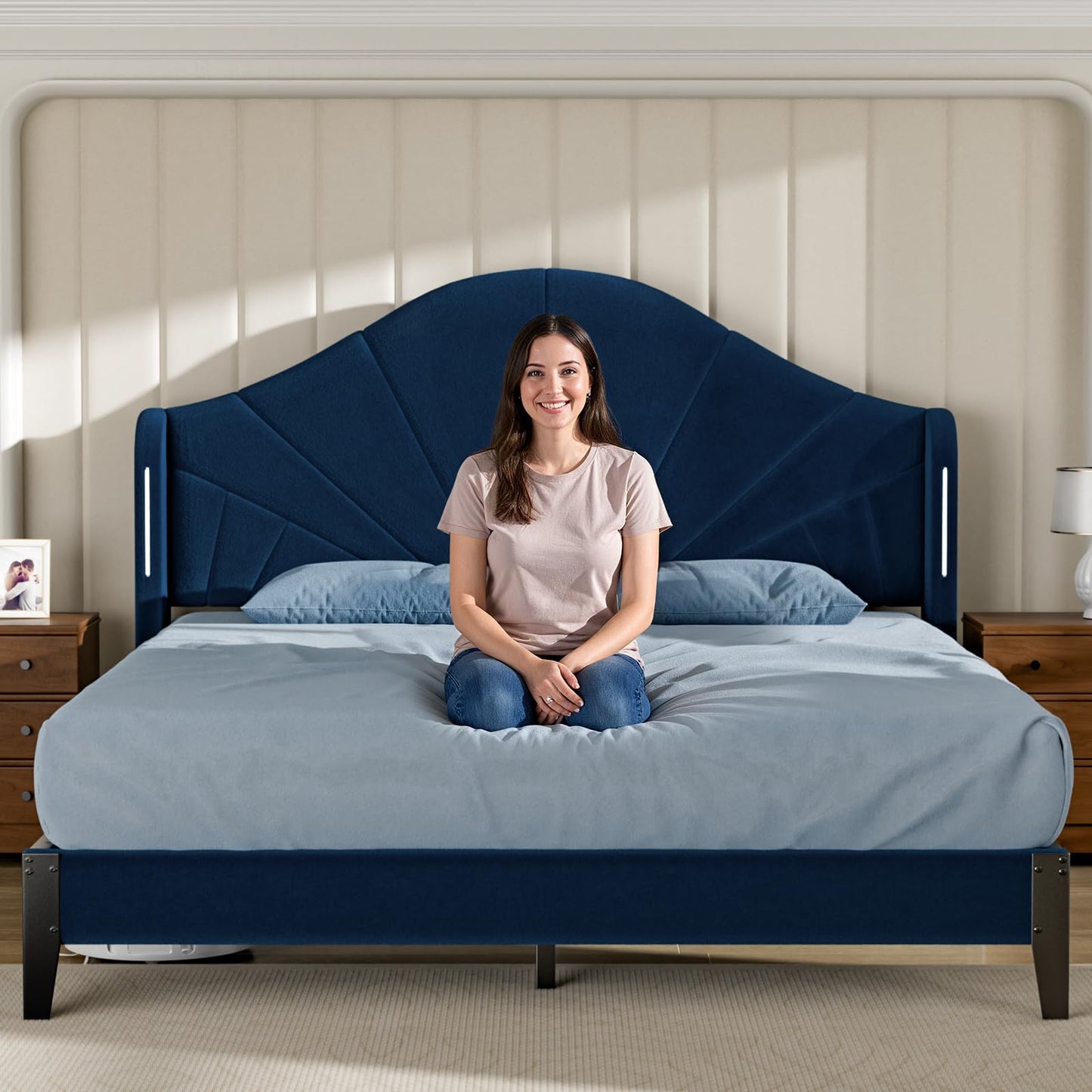 LegacyAmerhome Queen Size Bed Frame with Headboard Touch LED Lights, Wingback Upholstered Platform Bed Queen Size Modern Design No Box Spring, Easy Assembly Contemporary Sleep Solution, Velvet Blue