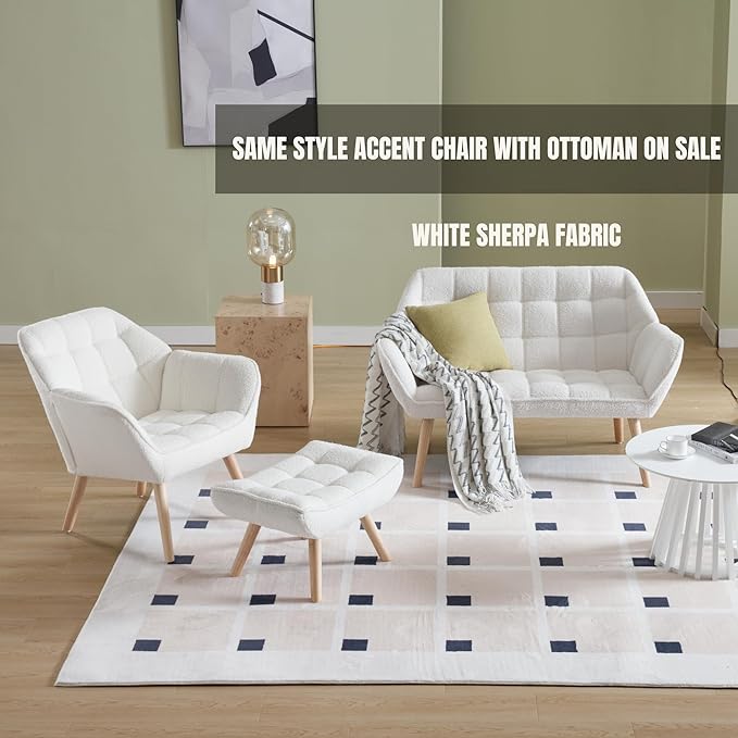 Hyfirm Small Loveseat Sofa, 48 inch Love Seat for Living Room Comfy Sherpa Mini Couch with Wood Legs for Small Spaces Bedroom Apartment Office, White