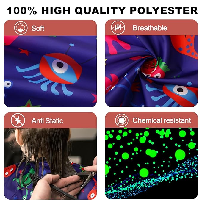 Kids Barber Cape with Neck Duster Brush, Professional Salon Hair Cutting Cape with Adjustable Snap Closure(Cartoon Monster)
