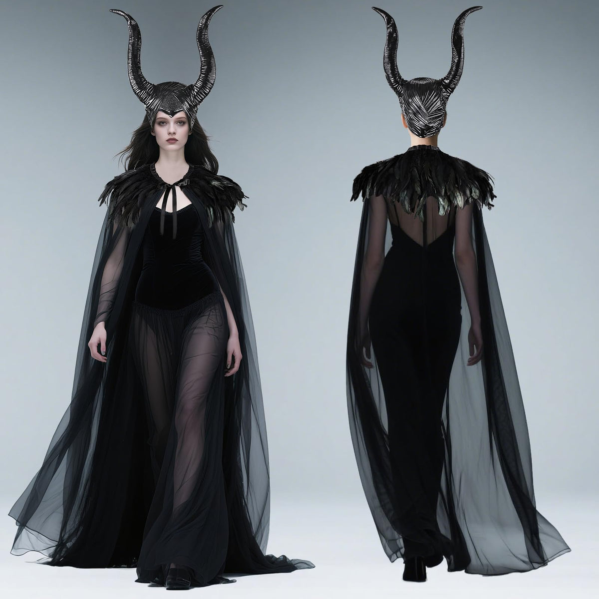 MAOFENG Women's Gothic Evil Queen Costume Demon Horns with Black Feather Collar Mesh Cloak Set for Halloween Cosplay Party