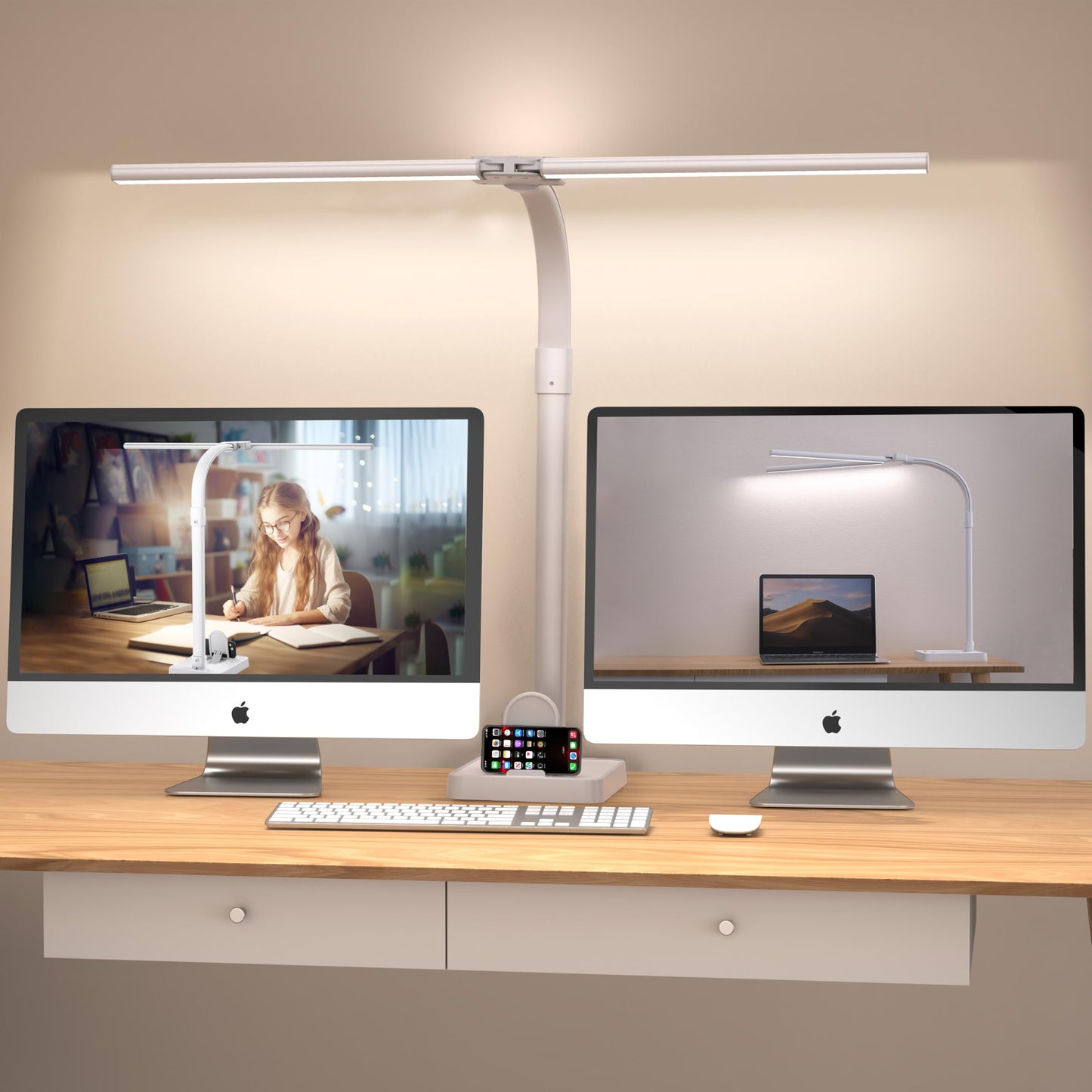 Ksunun Double Head LED Desk Lamp, Architect Desk Lamps for Home Office, 24W Brightest Workbench Office Lighting-5 Color Modes and 5 Dimmable Eye Protection Modern Desk Lamp (White-Desktop, Big)