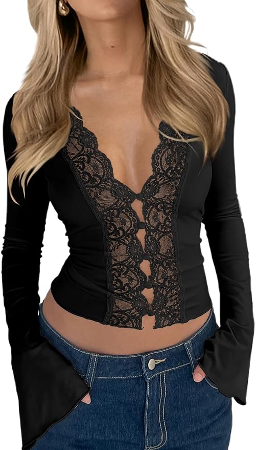 CSDAJIO Women's Long Sleeve Lace Tops for Women Deep V Neck Button Up Open Front Sexy Going Out Slim Fit Shirt