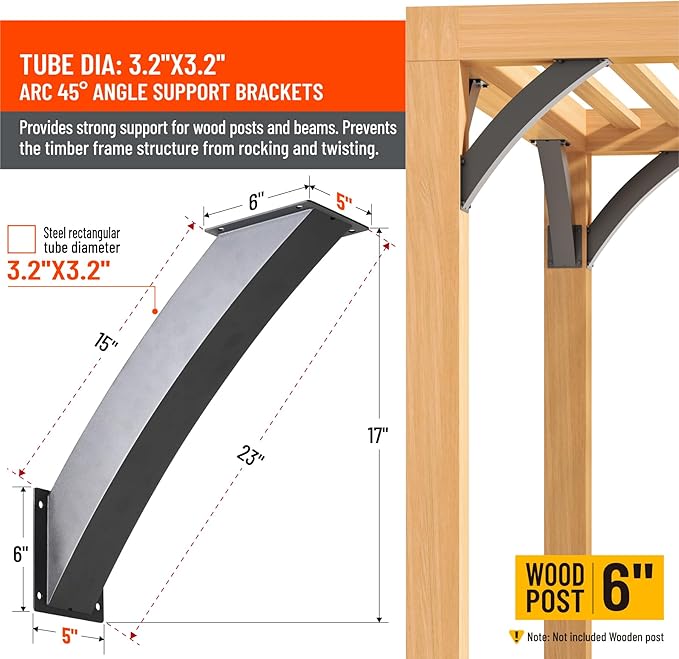 Uphode Heavy Duty Integrated Arc 4''x4''(Actual Tube Dia: 3.2''x 3.2'') 45 Degree Angle Support Pergola Brackets Q235-Steel 4Pack
