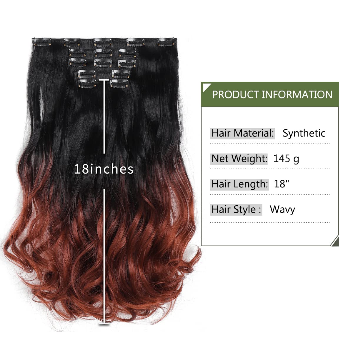 HSPJHTM Hair Extensions Wavy Auburn to Black Clip in Hair Extension for Women Halloween 5 PCS 18 Synthetic Wave Natural Thick Ha