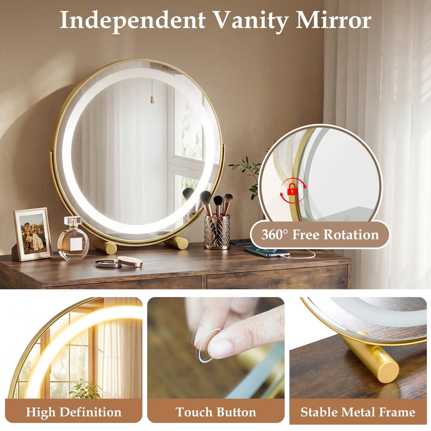 CHARMAID Vanity Desk with LED Lighted Mirror & Charging Station, 2 Drawers, 3 Color Lighting, Metal Legs, Makeup Vanity Table with Stool for Bedroom, Rustic Brown & Black