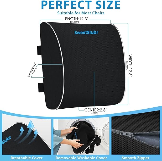 SweetSlubr Lumbar Support Pillow for Office Chair, Car & Gaming Chair, Ergonomic Memory Foam Cushion for Back Comfort, Zoned Back Support, Double Adjustable Straps, Breathable Washable Cover, Black