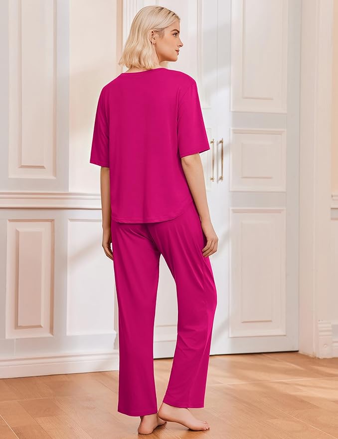 Ekouaer 2 Pack Womens Pajama Sets Short Sleeve Tops and Long Pants Casual Comfy Pjs Lounge Set with Pockets,S-XXL