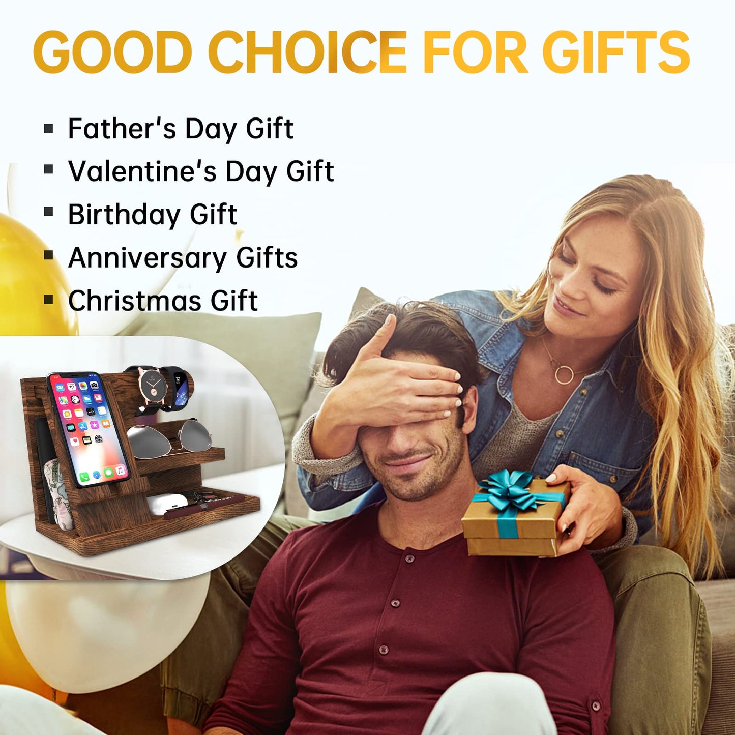 Iswabard Birthday Gifts for Men Wooden Phone Docking Station Organizer Dad Birthday Nightstand Organizer Desk Wood Gifts Valentines Day Gifts