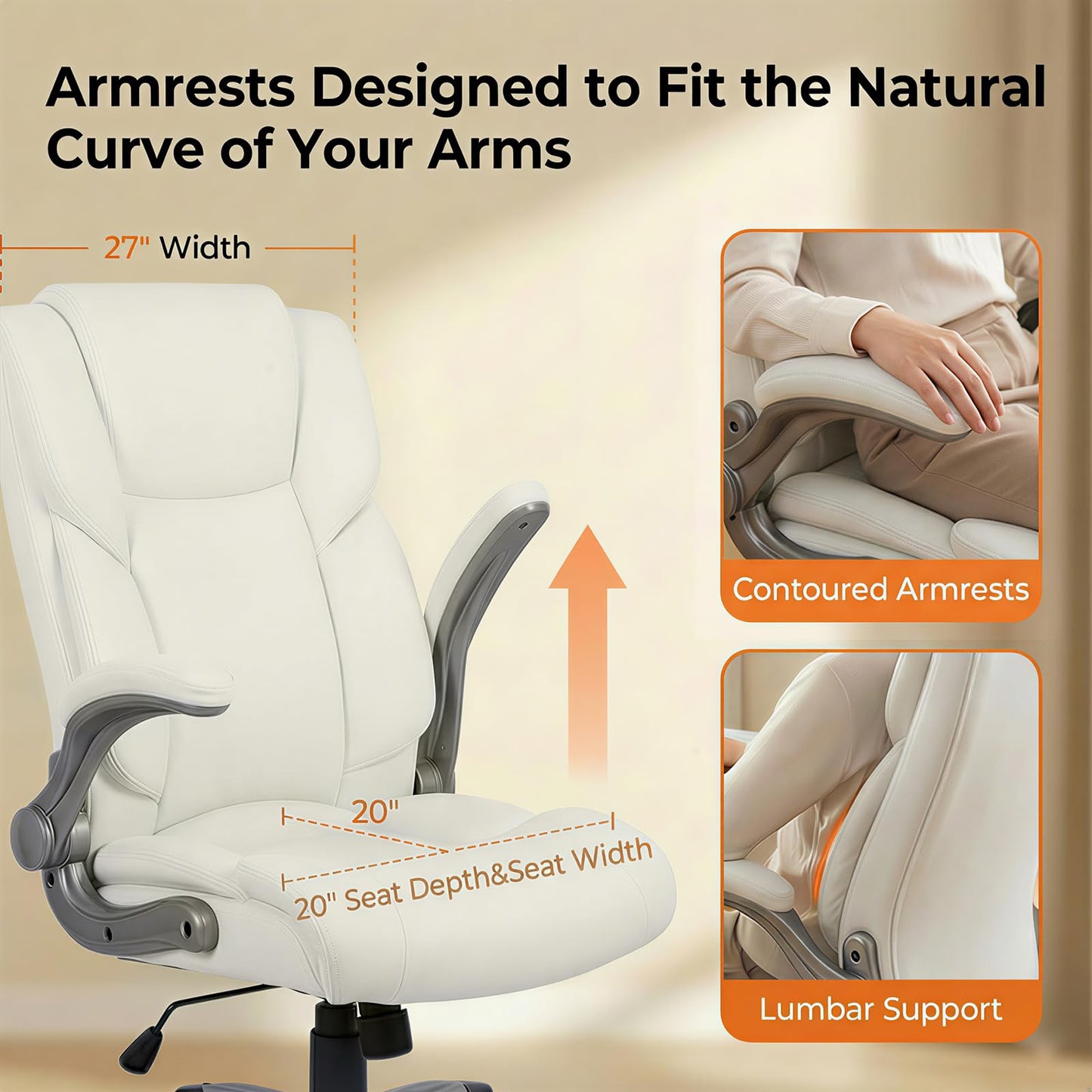 COLAMY Ergonomic Executive Office Chair, High-Back PU Leather Desk Chair with Flip-Up Armrests, Adjustable Inflatable Lumbar Support, Thick Seat Cushion, 90–110° Recline, Pearl White