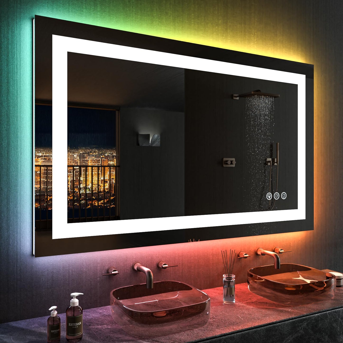 LOAAO 48"X32" LED Bathroom Mirror with Lights, Anti-Fog, Dimmable, RGB Backlit + Front Lighted, Bathroom Vanity Mirror for Wall, Memory Function