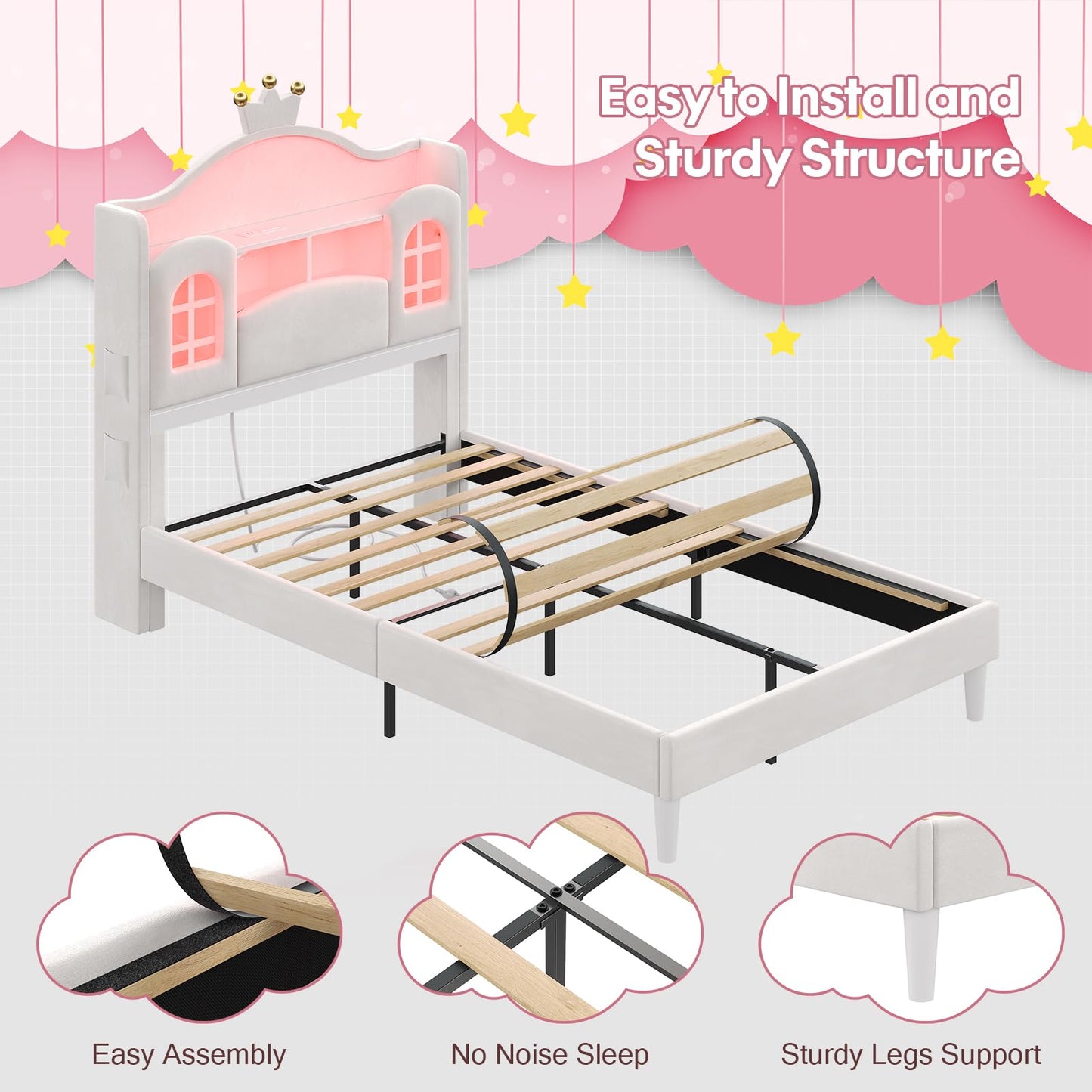 Dnxao Twin Bed Frames with Storage Headboard,4 Pockets, Princess Bed with LED Lights,Charging Station,Girl Bed with Solid Wood Slats Support,Easy Assembly,Creamy White