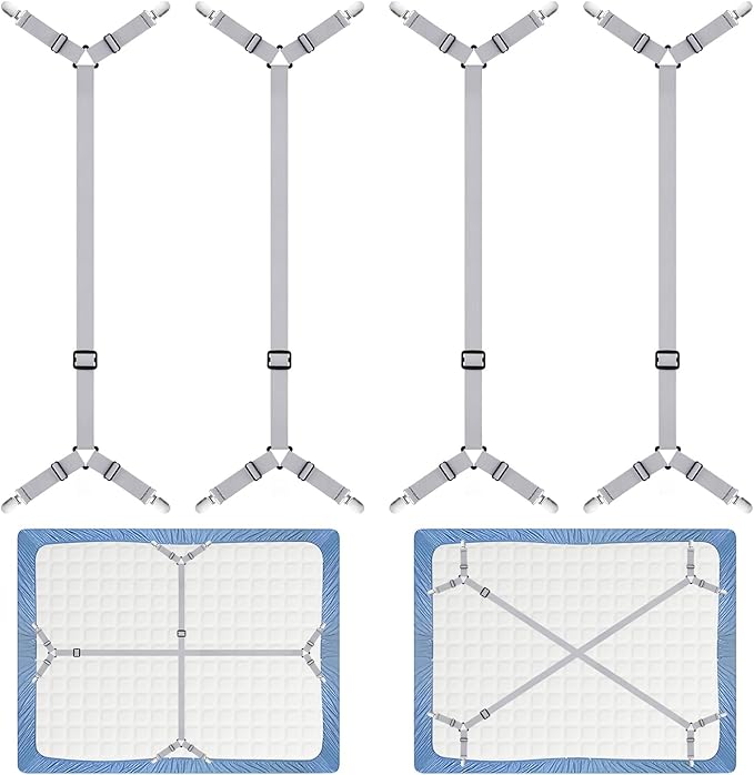 Morcheiong Bed Sheet Fasteners Straps - 4 Pack Adjustable Bed Sheet Holder Strap for Bedding Stays Bedsheet Tie Downs - Grey
