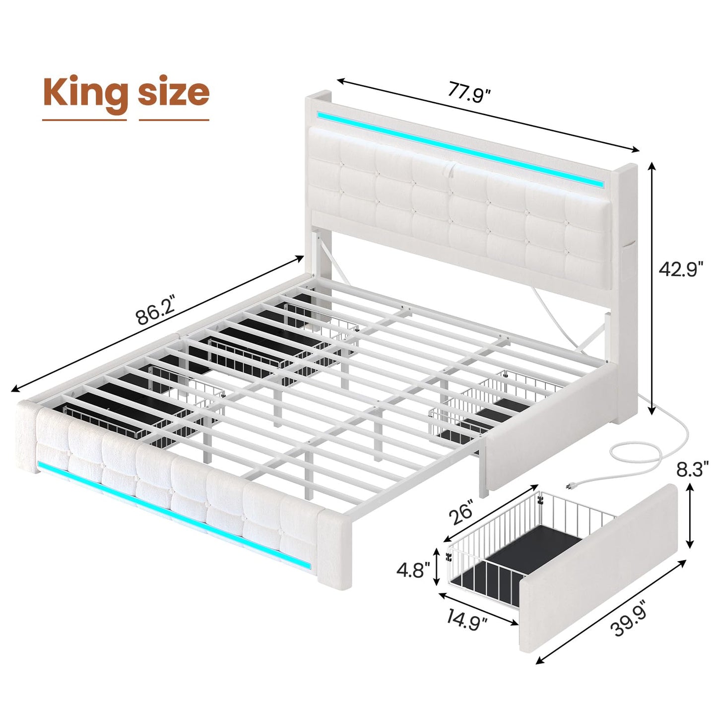 ADORNEVE King Bed Frame with Storage Headboard & 4 Drawers, LED Bed Frame King with Charging Station, Leather Upholstered Platform Bed Frame with Button Tufted, No Box Spring Needed, Creamy White