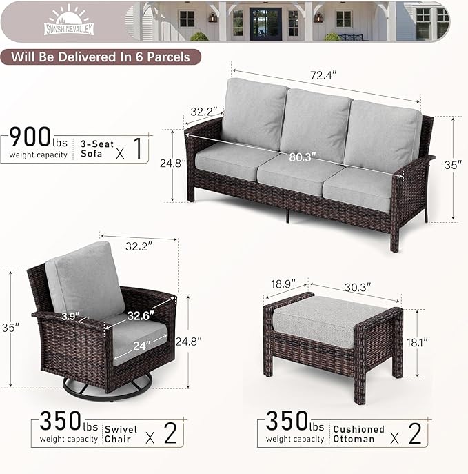 SUNSHINE VALLEY 5 Pieces Patio Furniture Set with Swivel Chairs, High Back Wicker Rattan Sofa with Extra Thick Cushion and Ottoman, Outdoor Conversation Set for Garden Backyard Deck, Grey