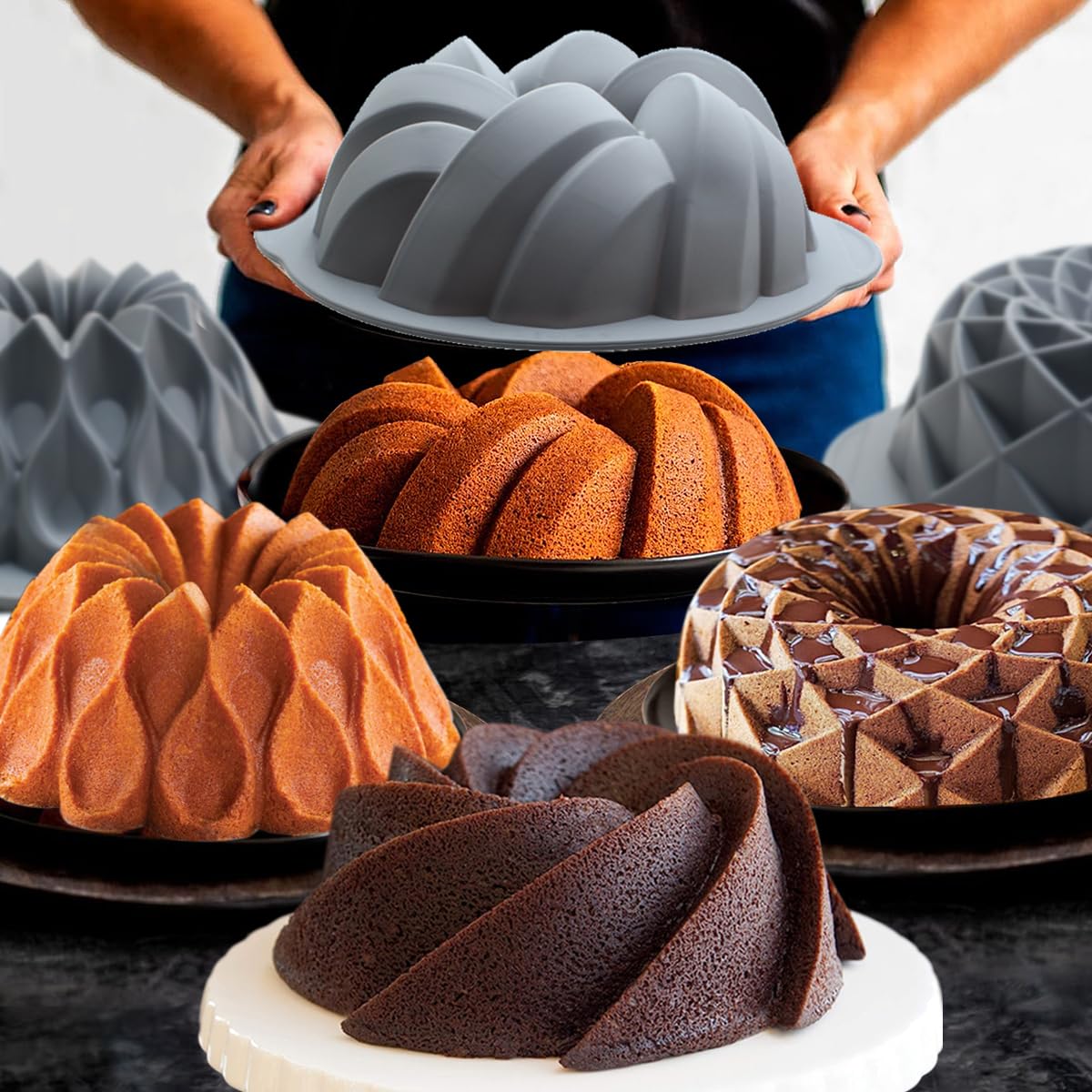 Tongjude 4 Pieces Silicone Fluted Cake Pans, 10/12 Cups Tube Baking Pan, Silicone Molds for Homemade Cake, Bread and Jello, Non-Stick, Grey