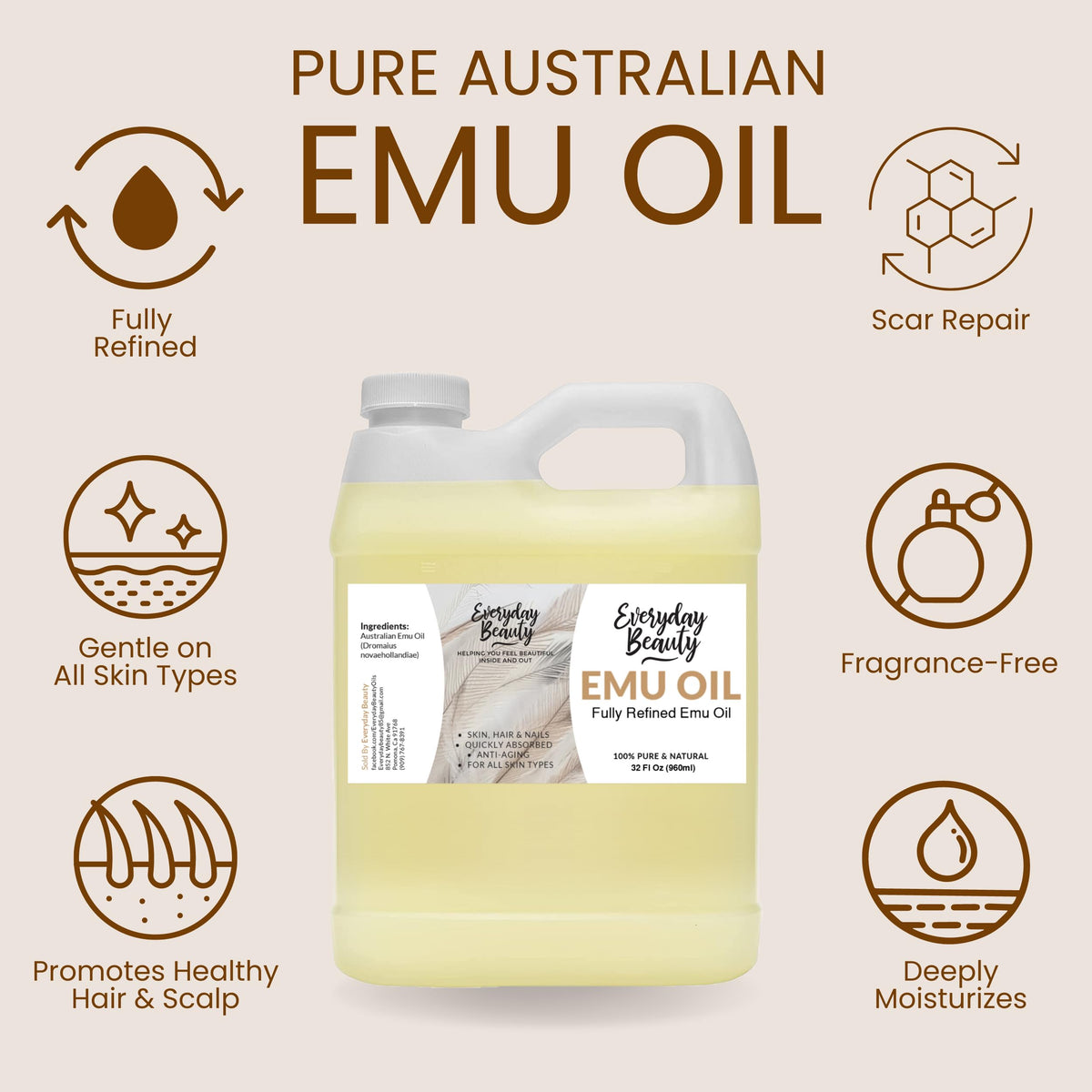Pure Australian Emu Oil Bulk 32 Fl Oz - All Natural 6X Refined for Face, Skin and Hair - Highly Effective Hydration for Sensitiv