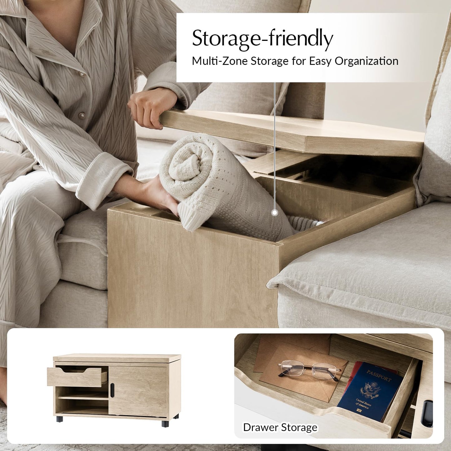 HULALA HOME Coffee Table with Storage, Modern Sofa Side Table with Modular Design, Rectangle Wood End Table with Adjustable Shelves, Natural