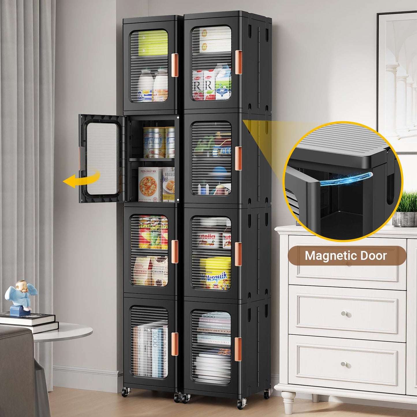 BROVIEW 4-Tier Tall Narrow Storage Cabinet Organizer, Slim Bathroom Cabinets with Doors and Shelves Adjustable, Plastic Kitchen Pantry Organizers and Storages for Small Space, Laundry, Black