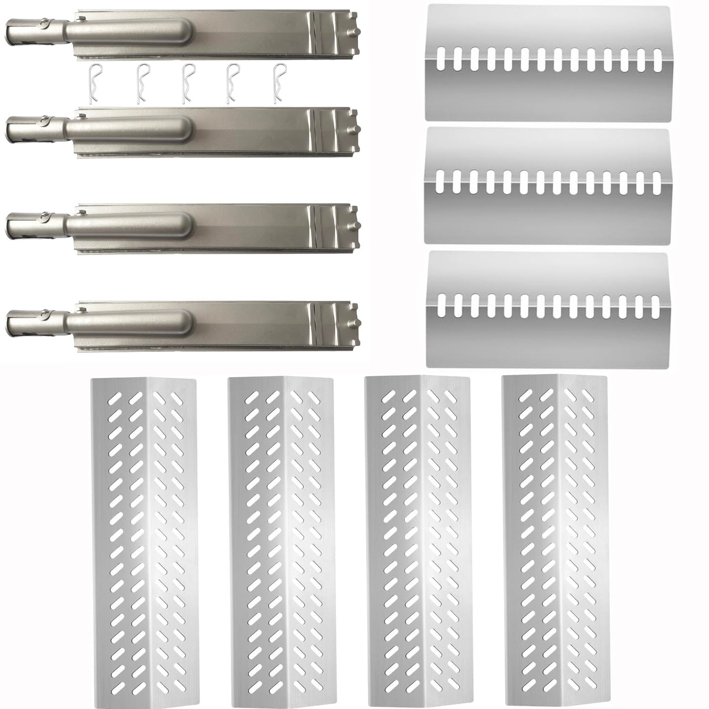 GRILLJOB 4pcs 16516 Stainless Steel Burners for Bull Grill Replacement Parts + 4pcs 16631 Flame Tamer Flavor Bar + 3pcs 16520 Heat Plate Shield Set,Fits for Bull, Lion, Cal Flame 4 Burner Gas Grills