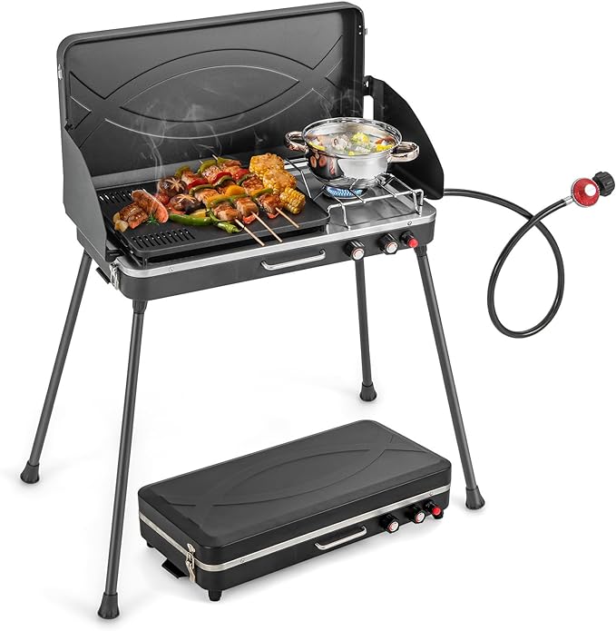 Giantex Portable Propane Grill & Camping Stove, 20,000 BTU Gas Camping Grill Burner, Independent Temperature Control, 3-Si...
