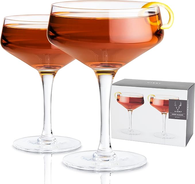 Viski Raye Angled Stemmed Crystal Coupe Cocktail Glasses, Champagne Coupe Glasses, Drinkware Set, Espresso Martini Glasse...