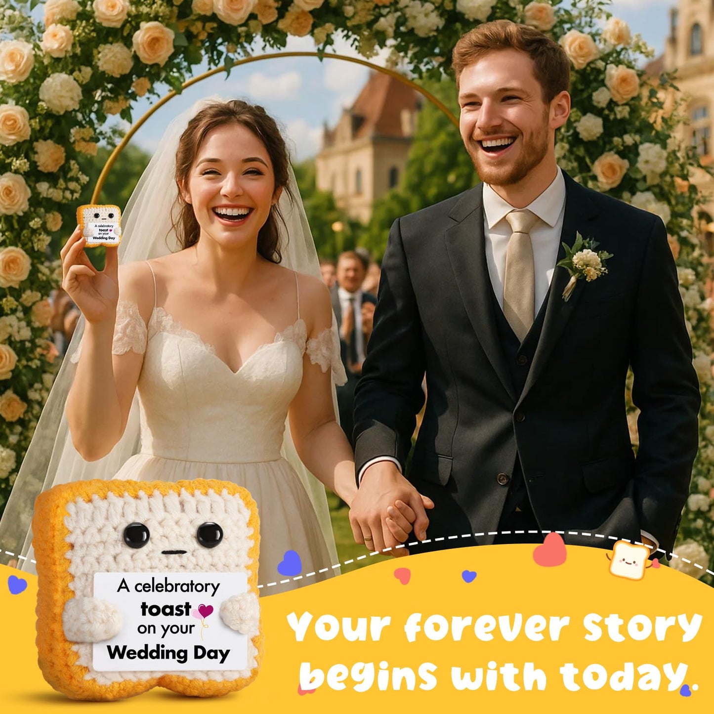 Wedding Gift for Couple, Bride and Groom - Funny Crochet Toast Keepsake - Unique Bridal Shower, Engagement Gift for Mr & Mrs - Cute Home Decor & Card Alternative